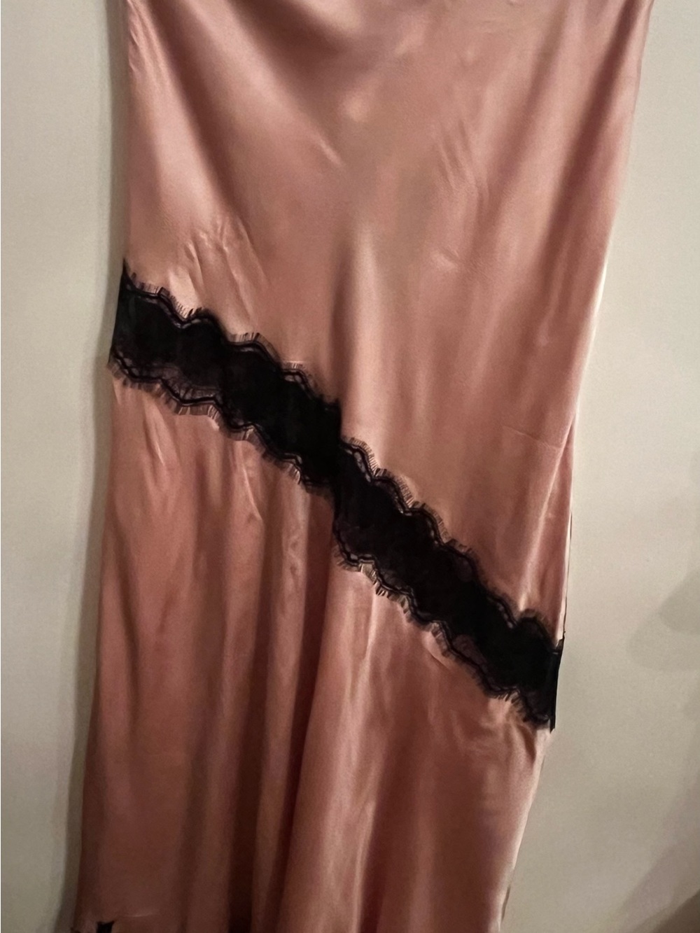 Herskind Silky Pink Slip Dress with Black Lace Trim